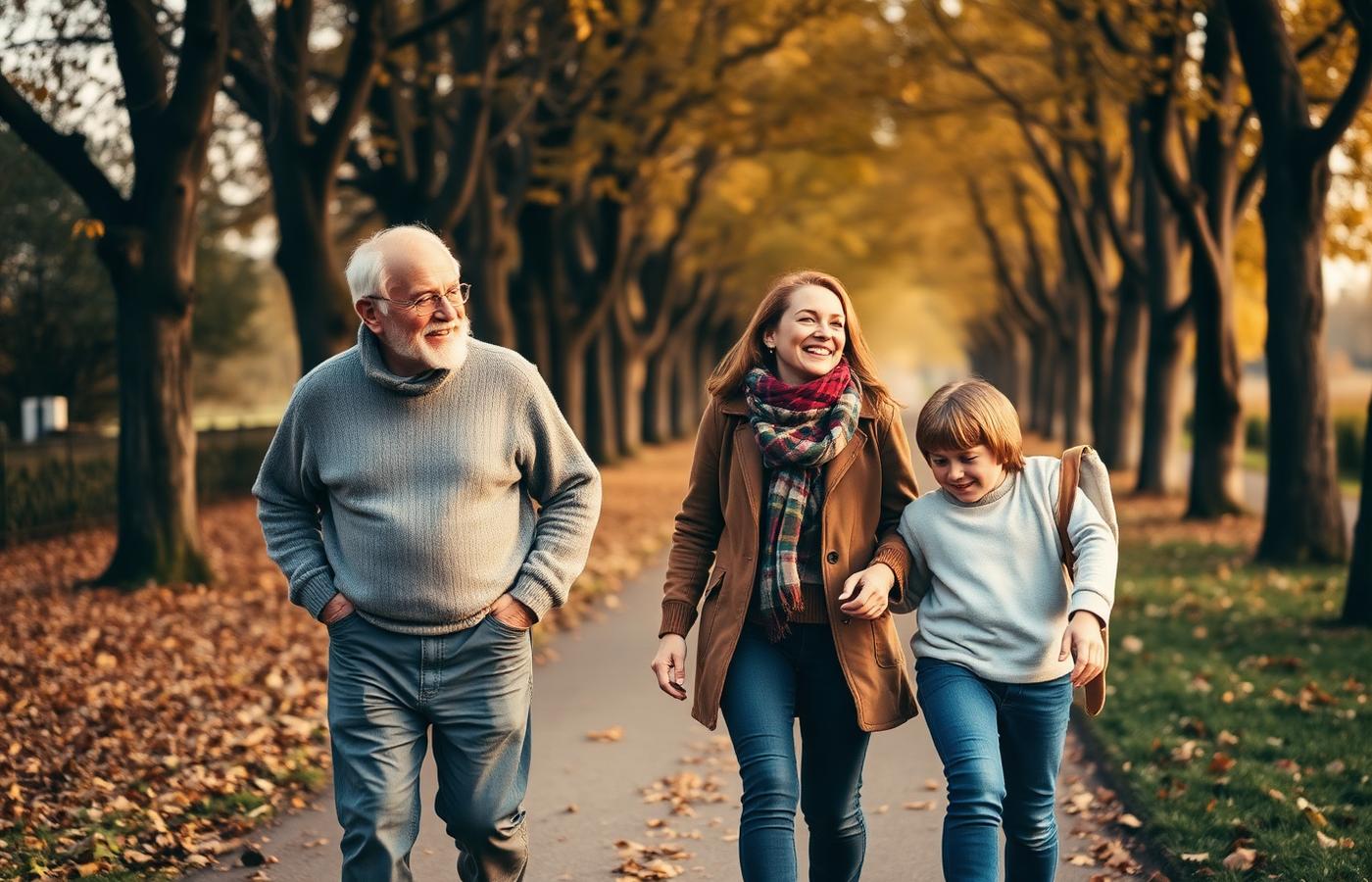 Tres generaciones de una familia caminando juntas por un sendero arbolado