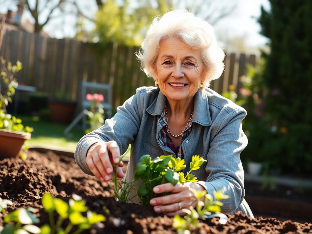 A woman in her seventies gardening in a sunlit backyard